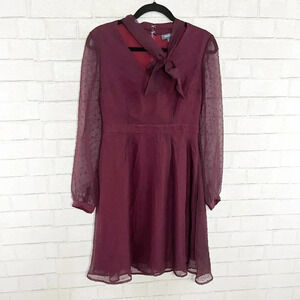 Modcloth Maroon Swiss Dot Bow Dress with Sheer Sleeves Women's Size 8